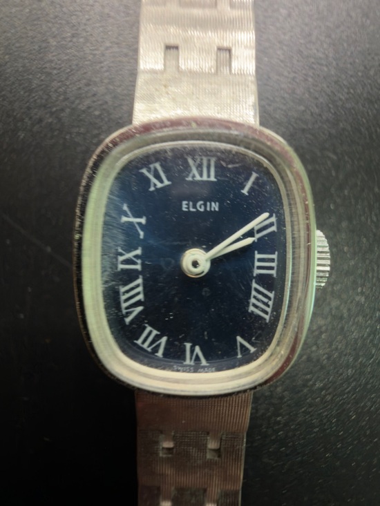 VINTAGE ELGIN LADIES WIND UP WATCH SILVER WITH BLUE FACE DAINTY MINIMALIST main image 9